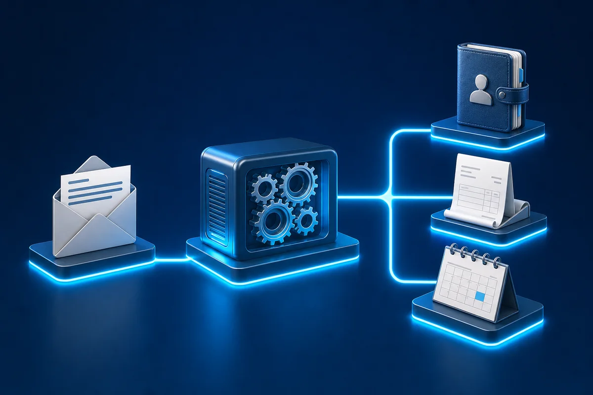 Illustration 3D d'un workflow reliant messagerie, CRM et données